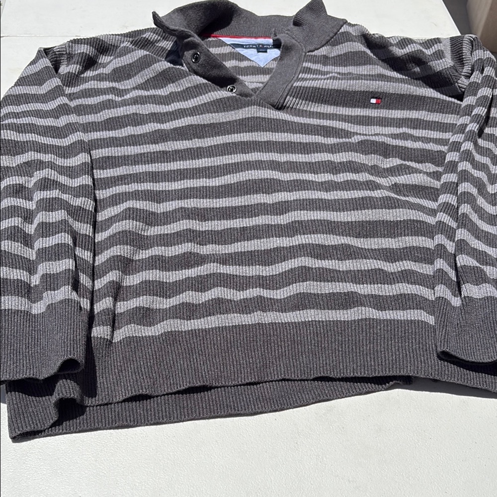 Tommy Hilfiger Gray V-Neck Sweater with Stripes